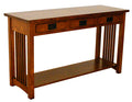 Wooden console table with a single drawer on a white background