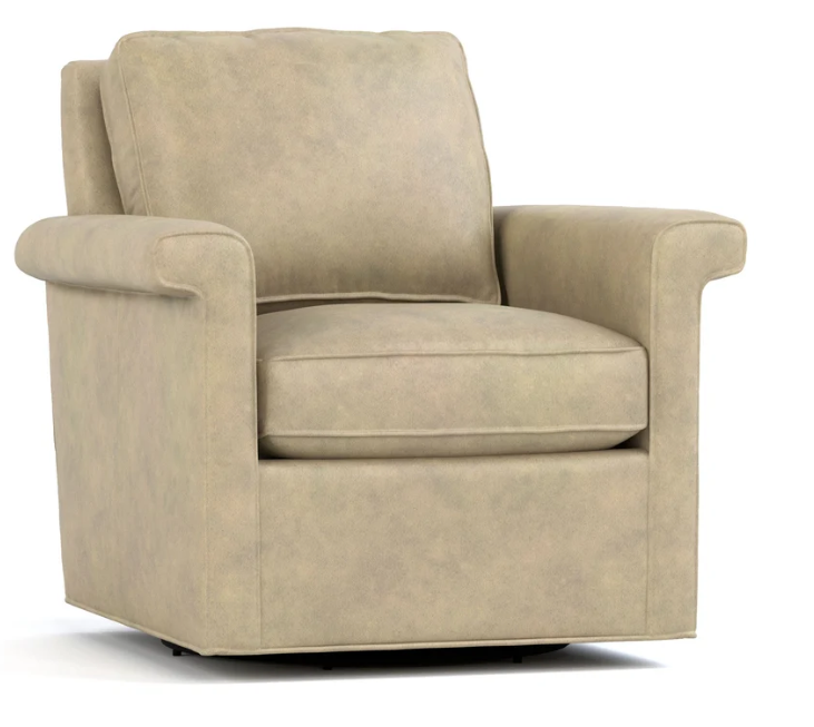 A beige upholstered armchair with a swivel base, shown from a three-quarter angle on a white background.