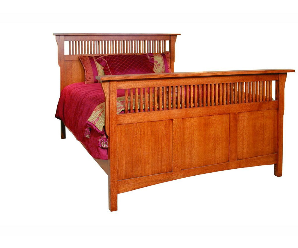 Wooden bed with red bedding on a white background