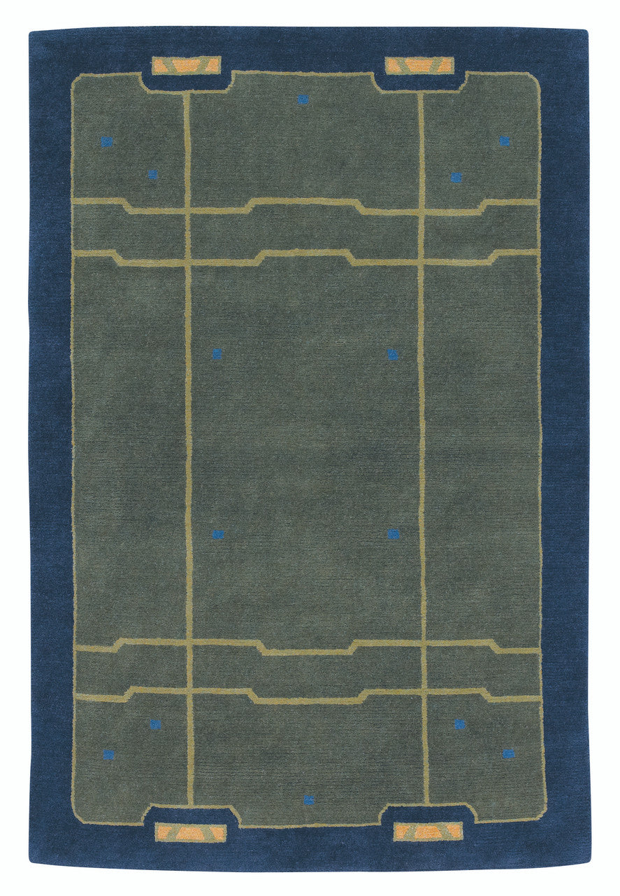 Rectangular rug with geometric pattern on a blue background