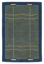 Rectangular rug with geometric pattern on a blue background