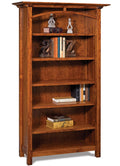 A tall, five-shelf wooden bookcase with an arched top, finished in a warm medium brown wood tone. It is shown against a plain white background, styled with books and decorative objects on the shelves.