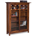 A rustic brown wooden bookcase with two glass-paneled doors, open shelves, and decorative items displayed on and inside, shown against a plain white background.
