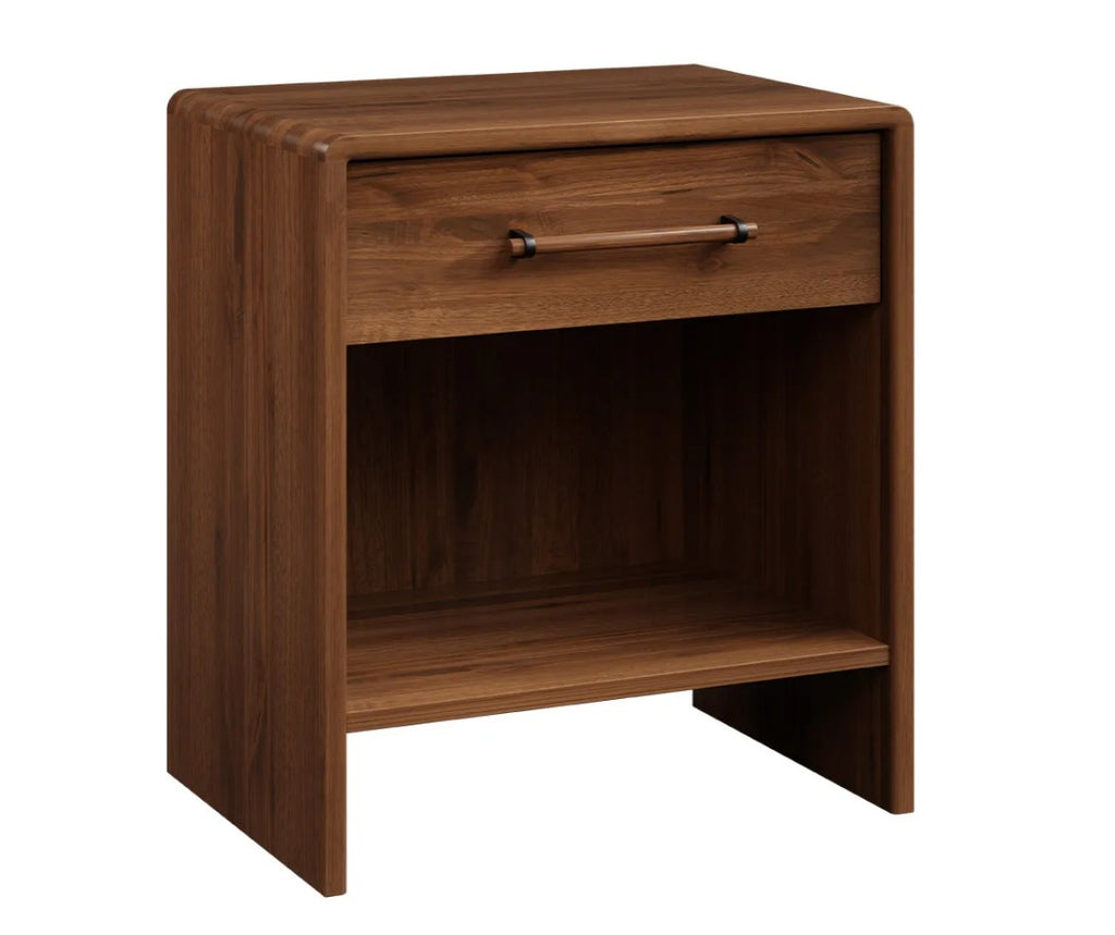 A modern two-drawer nightstand in medium brown wood grain, featuring a single drawer with a horizontal metal pull and an open lower shelf, shown on a plain white background.