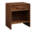 A modern two-drawer nightstand in medium brown wood grain, featuring a single drawer with a horizontal metal pull and an open lower shelf, shown on a plain white background.
