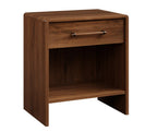 A modern two-drawer nightstand in medium brown wood grain, featuring a single drawer with a horizontal metal pull and an open lower shelf, shown on a plain white background.