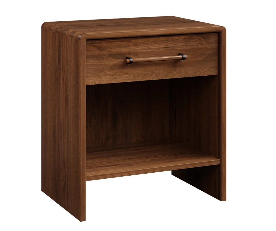 A modern two-drawer nightstand in medium brown wood grain, featuring a single drawer with a horizontal metal pull and an open lower shelf, shown on a plain white background.