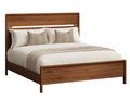 A modern wooden bed frame with a tall headboard and footboard, styled with white bedding, two beige textured pillows, and a beige throw blanket, shown against a plain white background.