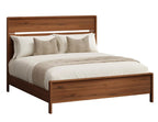 A modern wooden bed frame with a tall headboard and footboard, styled with white bedding, two beige textured pillows, and a beige throw blanket, shown against a plain white background.