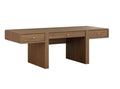 A modern three-drawer wooden desk with a warm medium-brown finish and small brass drawer pulls, shown on a plain white background.