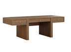 A modern three-drawer wooden desk with a warm medium-brown finish and small brass drawer pulls, shown on a plain white background.