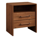 A two-drawer wooden nightstand with a warm medium-brown finish, featuring two drawers with light wood handles and dark metal accents, shown on a plain white background.