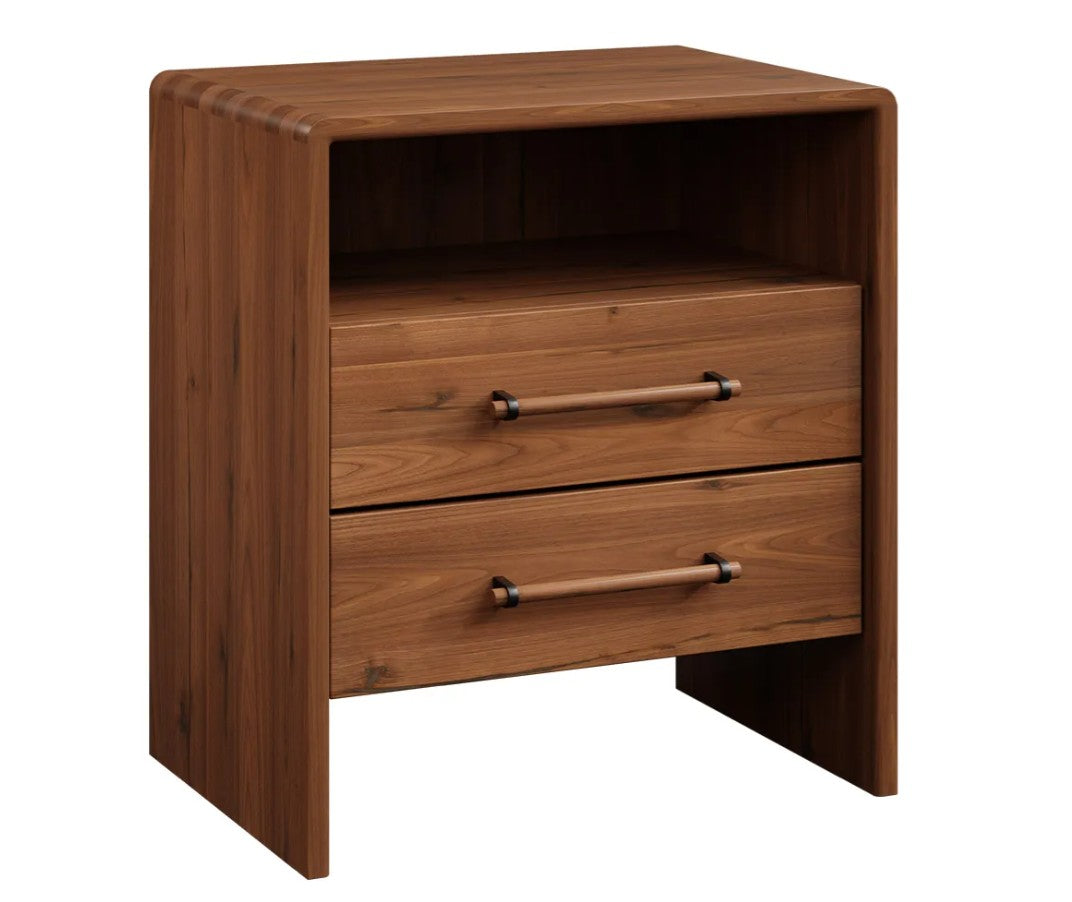 A two-drawer wooden nightstand with a warm medium-brown finish, featuring two drawers with light wood handles and dark metal accents, shown on a plain white background.