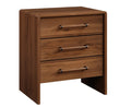 A three-drawer wooden nightstand with a warm medium-brown finish and dark metal drawer pulls, shown on a plain white background.