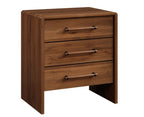 A three-drawer wooden nightstand with a warm medium-brown finish and dark metal drawer pulls, shown on a plain white background.