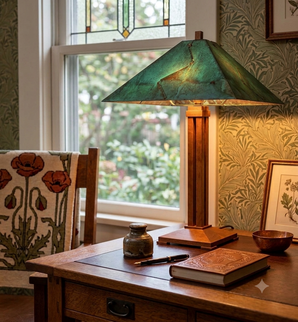 A vintage-style table lamp with a textured green glass conical shade and a warm wood base sits on a wooden desk in a cozy room setting with wallpaper, a window, and decorative items.
