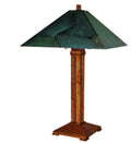 Wooden outdoor lamp with green shade on a white background