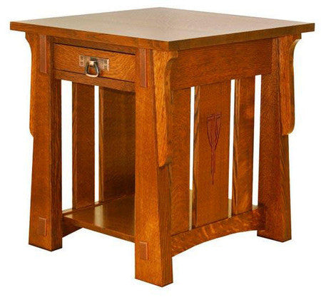 Wooden side table with a drawer on a white background