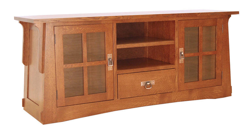 Wooden entertainment console with glass doors on a white background