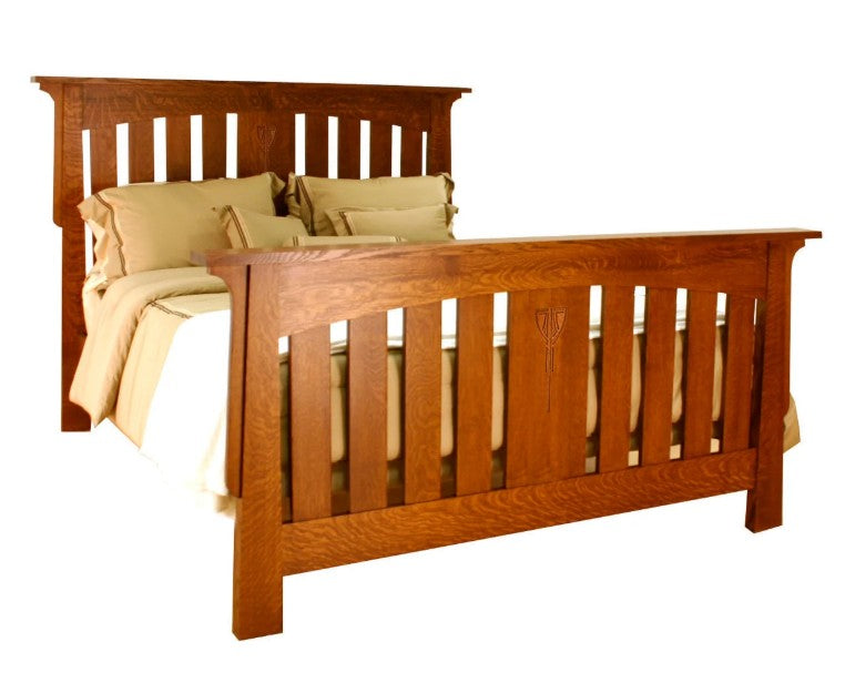 A wooden bed frame with a slatted headboard and footboard, shown with beige bedding and pillows on a plain white background.