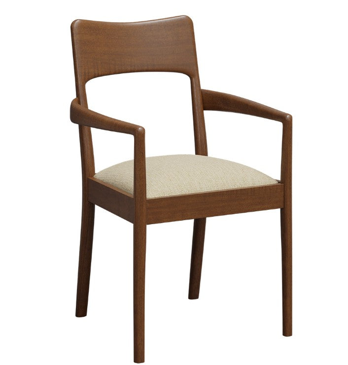 A mid-century modern wooden dining chair with a warm brown wood frame and a light beige textured fabric seat cushion, shown against a plain white background.