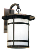 Outdoor wall light fixture with bronze finish and white glass on a white background
