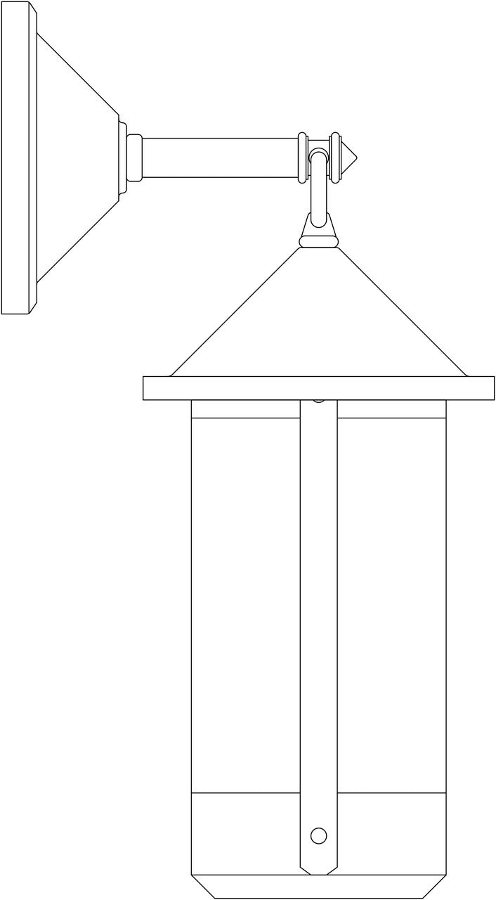 Line drawing of a wall-mounted outdoor light fixture