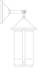 Line drawing of a wall-mounted outdoor light fixture