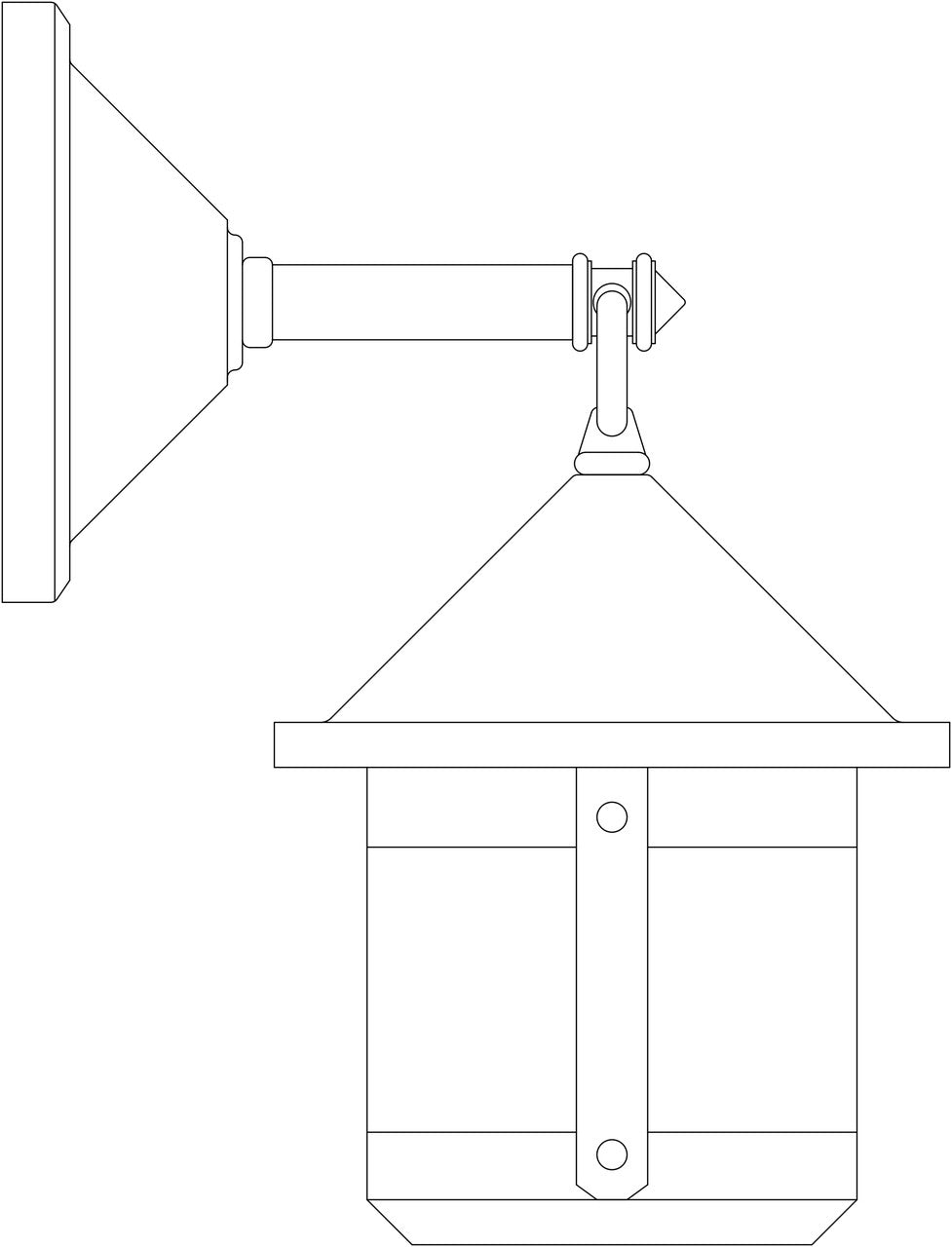 Line drawing of a wall-mounted outdoor light fixture