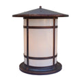 Decorative outdoor lamp with bronze finish and white glass on a white background