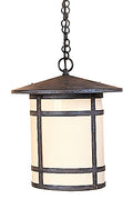 Pendant light with wooden frame and glass cover on a white background