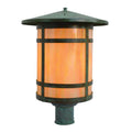 Decorative outdoor lamp with green top and orange cylindrical body on a white background