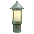 Vintage-style outdoor lamp with a greenish-brown finish on a white background