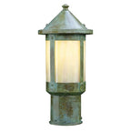 Vintage-style outdoor lamp with a greenish-brown finish on a white background