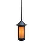 Pendant light with black fixture and orange glass on a white background