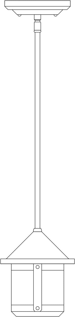 Line drawing of a pendant light fixture with a long cylindrical shade.
