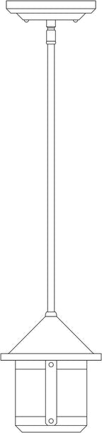 Line drawing of a pendant light fixture with a long cylindrical shade.
