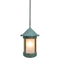Pendant light with greenish-brown finish on a white background