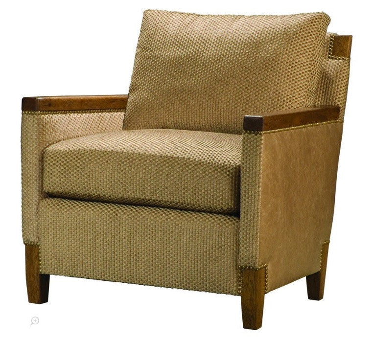 Beige armchair with wooden frame and legs on a white background