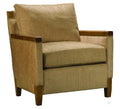 Beige armchair with wooden armrests and legs on a white background