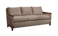 Beige sofa with wooden armrests on a white background