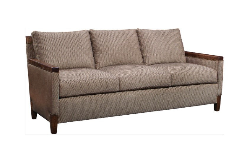 Beige sofa with wooden armrests on a white background