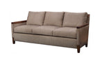 Beige sofa with wooden frame on a white background