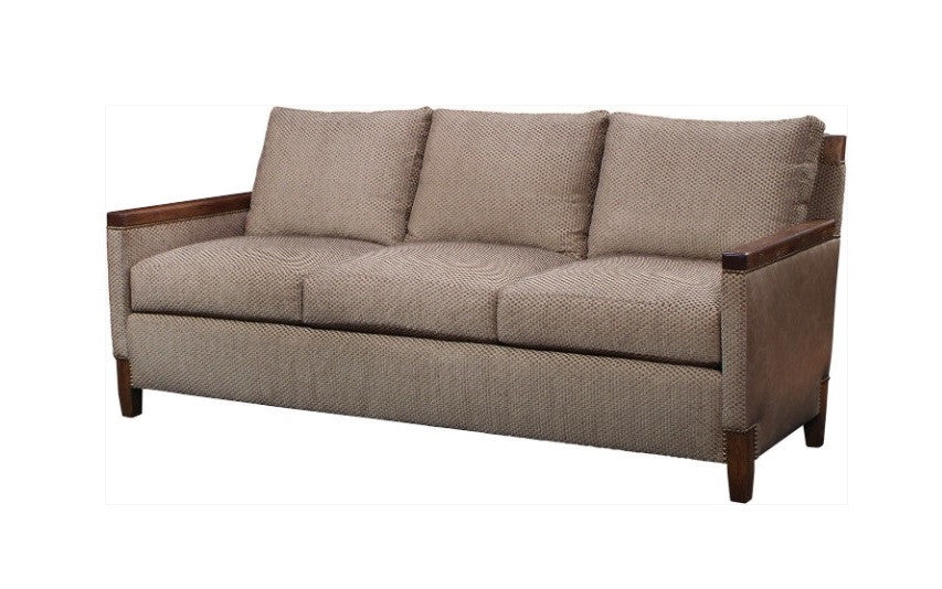Beige sofa with wooden frame on a white background