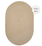 An oval natural jute rug in a light tan color, shown from a top-down view on a white background with a circular callout in the top right that reads 'SAMPLE THE COLORS ORDER A SWATCH'.