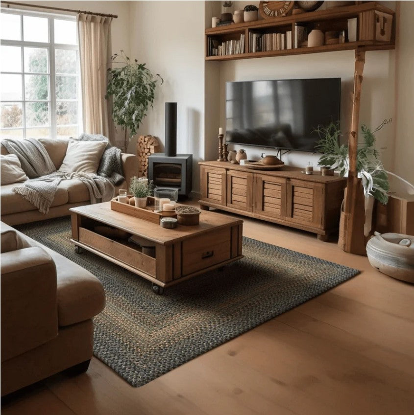 A styled living room featuring a large woven area rug in blue-gray and beige tones, a wooden coffee table with casters, a beige sofa, a wood TV stand, and a rustic wooden wall shelf.