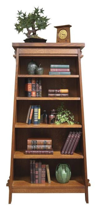 Wooden bookshelf with books and decorative items on a white background