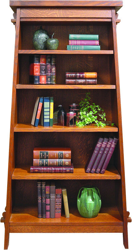Wooden bookshelf with books and decorative items on a white background