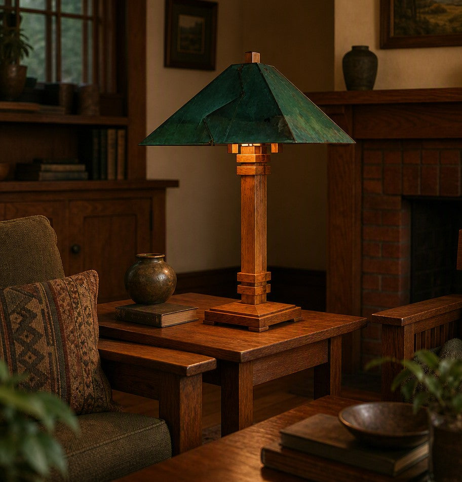 A rustic wooden table lamp with a green textured conical shade and a warm-toned wooden base, styled on a wooden side table in a cozy, dimly lit living room.