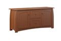 A Mission style 6-drawer dresser in solid wood with gold-finished metal drawer pulls and tapered legs, shown on a white background.
